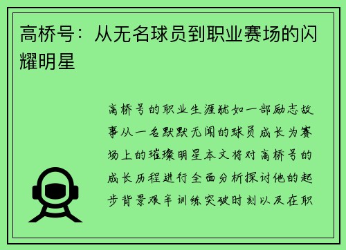 高桥号：从无名球员到职业赛场的闪耀明星
